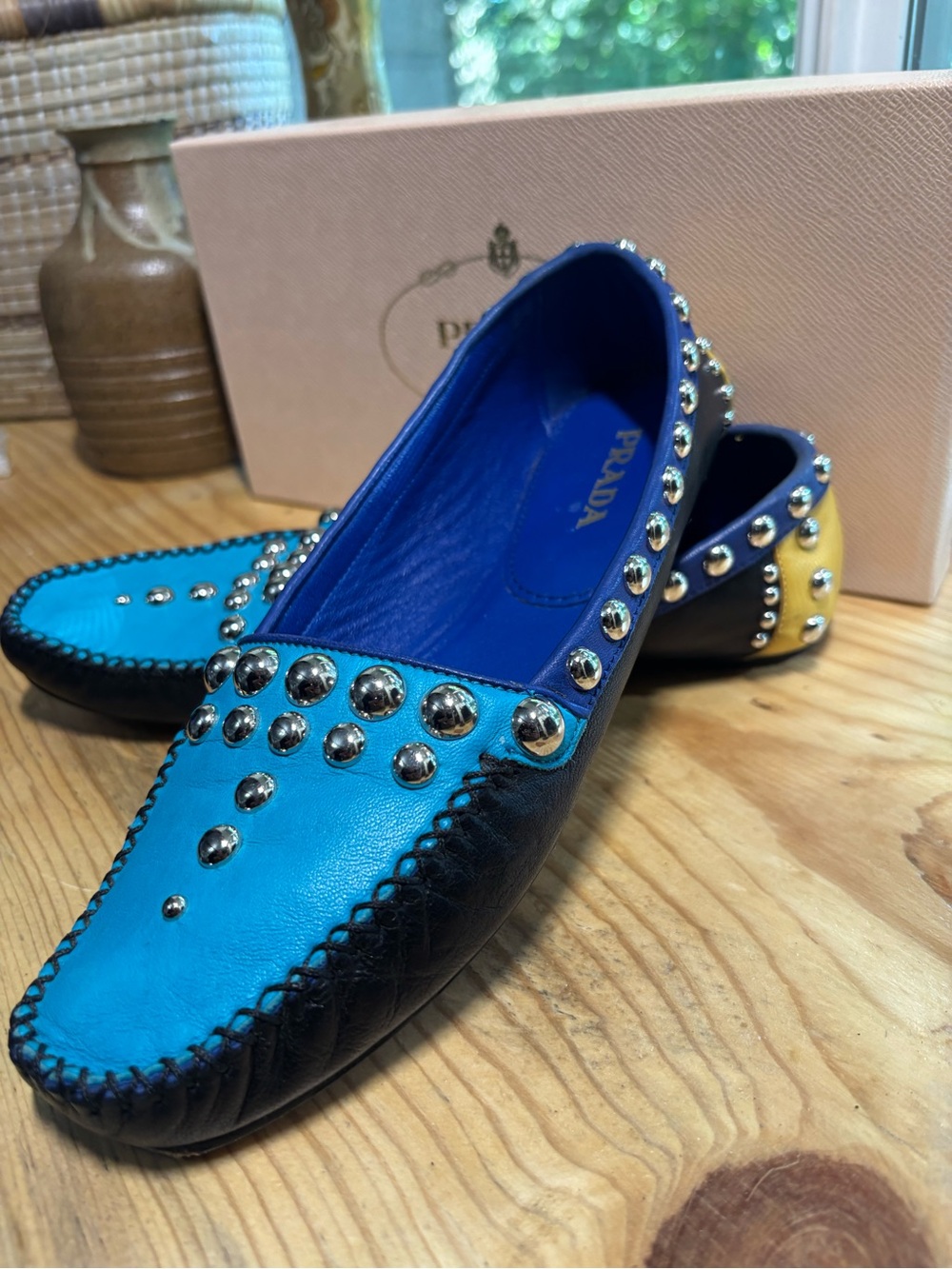 Prada Turquoise and Black Studded Leather Slip-On Loafers - Picture 2 of 7